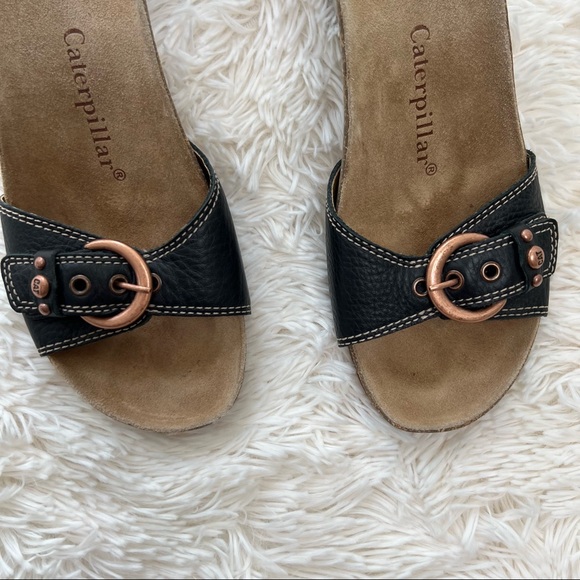 Caterpillar Shoes Caterpillar Cat Black Wedge Sandals Leather Copper Buckle Mule Shoes Sz 8